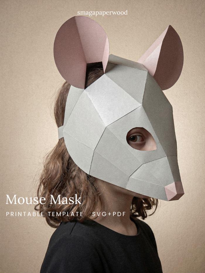 Close-up of the faceted folded ear of the paper mouse mask