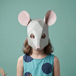 Child wearing the paper mouse mask template in a school play costume