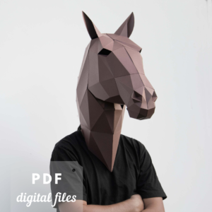 A Man in a brown paper Horse mask.