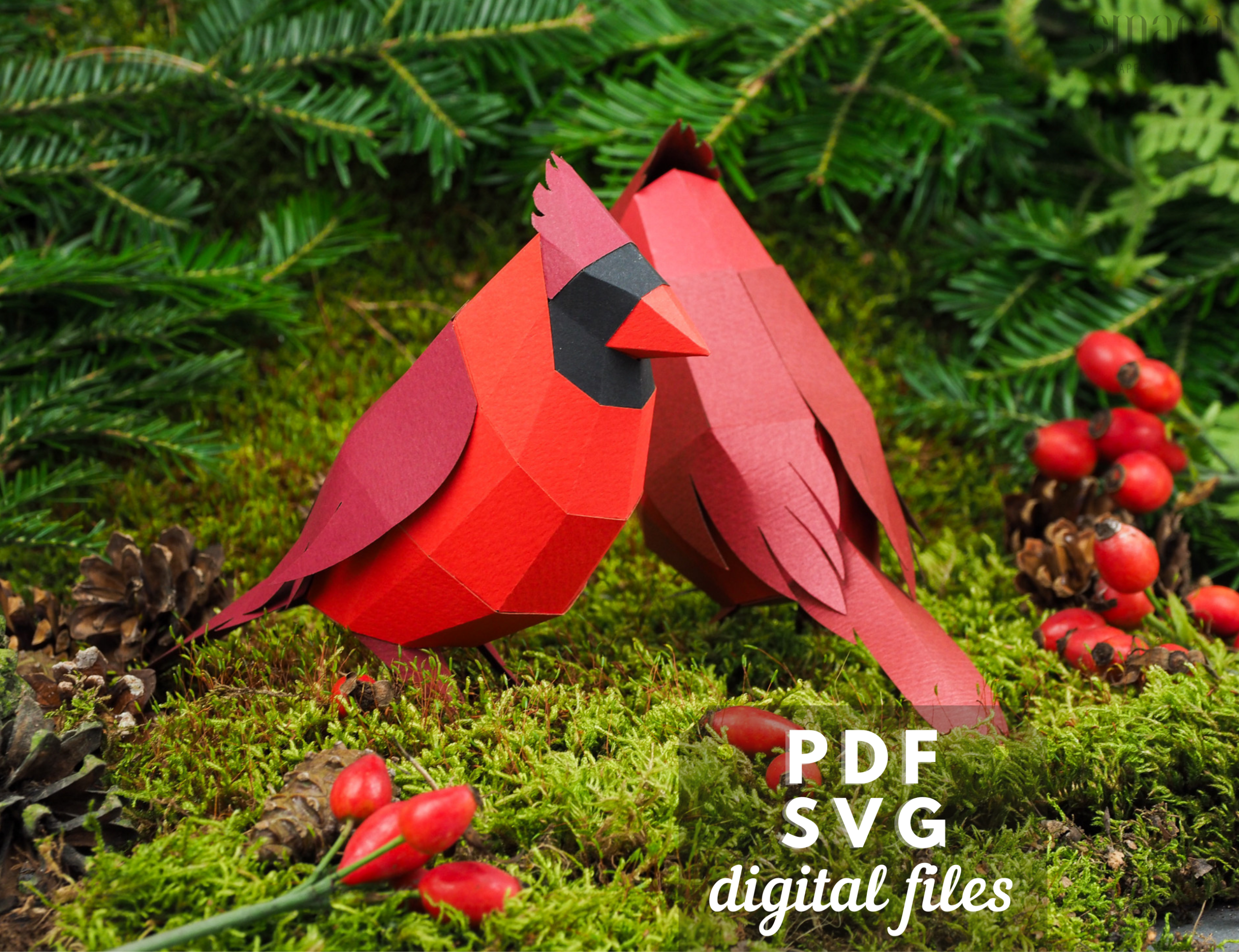 Red Bird paper sculture. DIY papercraft template.