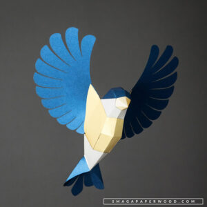 Blue-tit-paper-craft-SmagaPaperwood-Digital-Files Paper bird sculpture